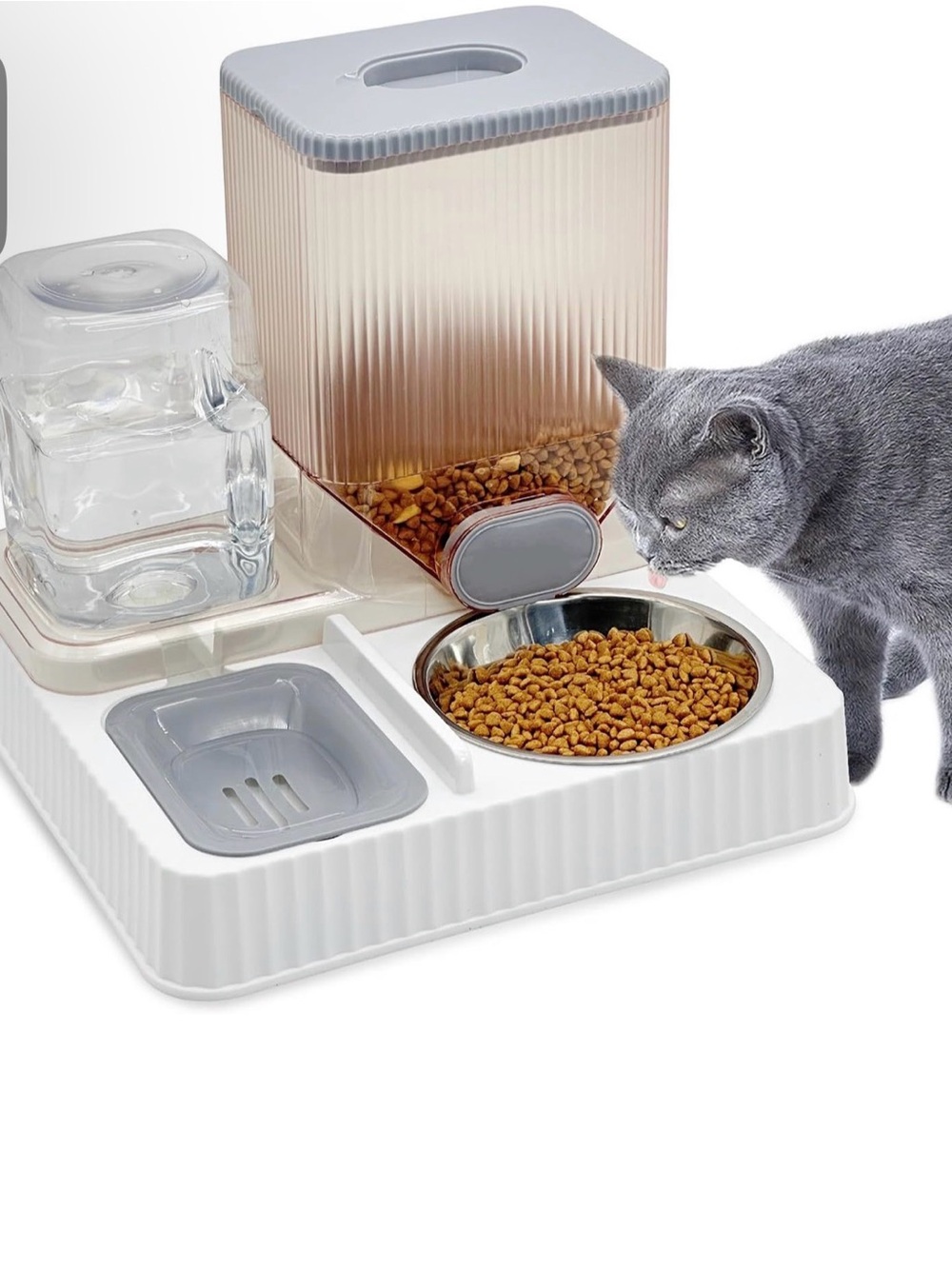 3-in-1 Automatic Cat Feeder and Water Station - White & Gray